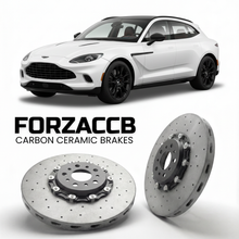 ForzaCCB direct OEM replacement carbon ceramic brake rotors for 2020 and newer Aston Martin DBX models, shown with a white Aston Martin DBX car.