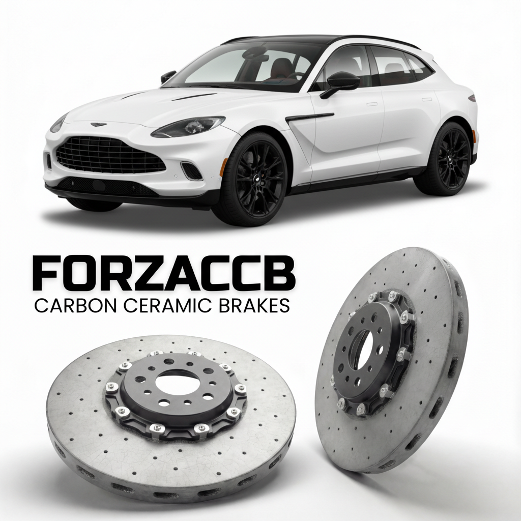 ForzaCCB direct OEM replacement carbon ceramic brake rotors for 2020 and newer Aston Martin DBX models, shown with a white Aston Martin DBX car.