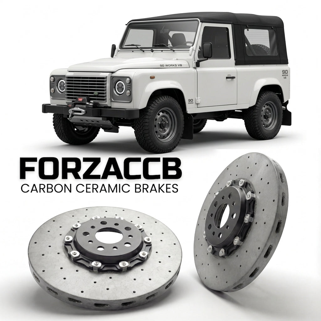 ForzaCCB direct OEM replacement carbon ceramic brake rotors for 2018 to 2019 Land Rover Defender 90 Works V8 models, shown with a white Land Rover Defender car.