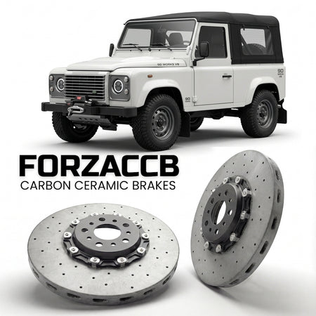 ForzaCCB direct OEM replacement carbon ceramic brake rotors for 2018 to 2019 Land Rover Defender 90 Works V8 models, shown with a white Land Rover Defender car.