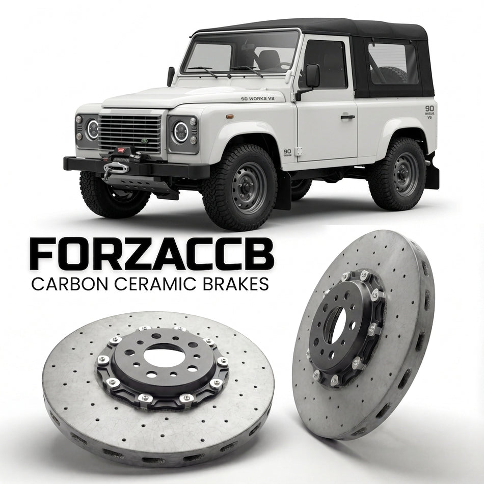 ForzaCCB direct OEM replacement carbon ceramic brake rotors for 2018 to 2019 Land Rover Defender 90 Works V8 models, shown with a white Land Rover Defender car.