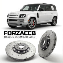 ForzaCCB direct OEM replacement carbon ceramic brake rotors for 2019+) Land Rover Defender 110 (L663 models, shown with a white Land Rover Defender car.
