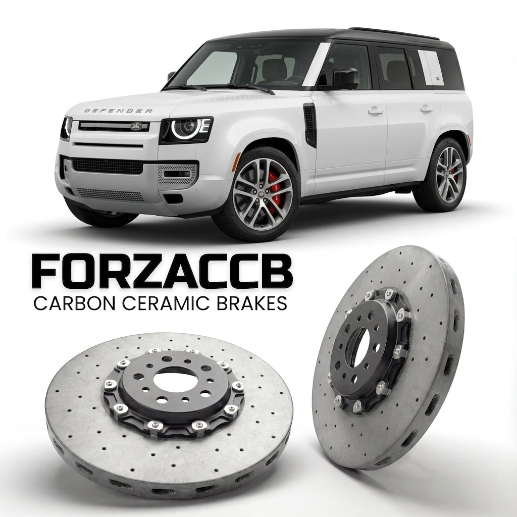 ForzaCCB direct OEM replacement carbon ceramic brake rotors for 2019+) Land Rover Defender 110 (L663 models, shown with a white Land Rover Defender car.