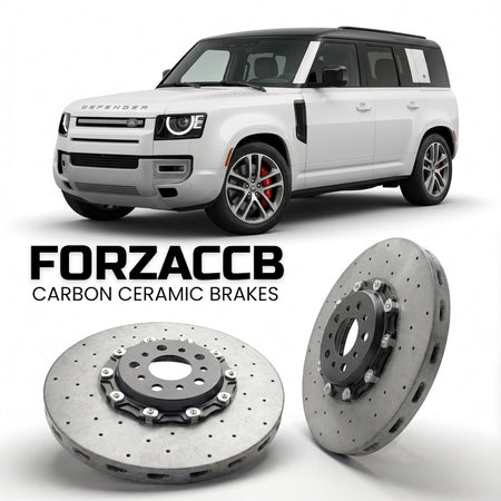 ForzaCCB direct OEM replacement carbon ceramic brake rotors for 2019+) Land Rover Defender 110 (L663 models, shown with a white Land Rover Defender car.