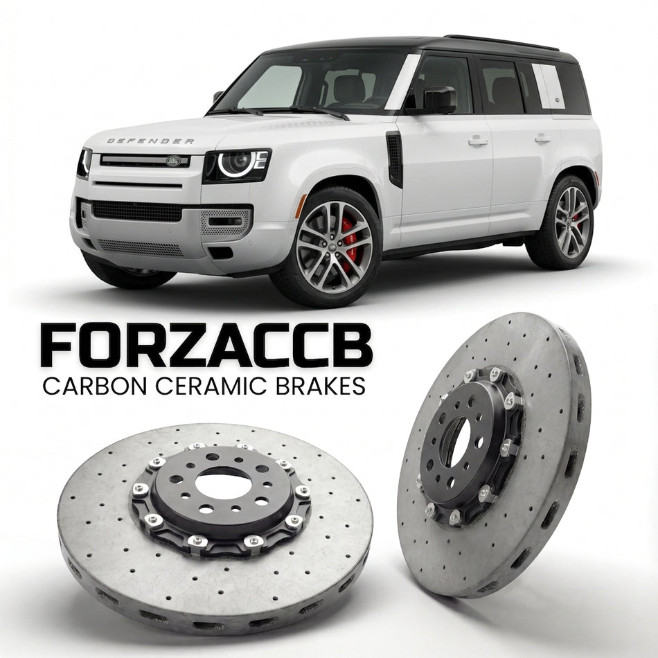 ForzaCCB direct OEM replacement carbon ceramic brake rotors for 2019+) Land Rover Defender 110 (L663 models, shown with a white Land Rover Defender car.