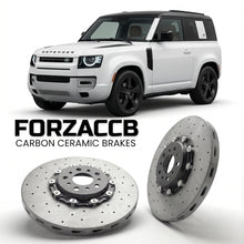 ForzaCCB direct OEM replacement carbon ceramic brake rotors for 2020+) Land Rover Defender 90 (L663 models, shown with a white Land Rover Defender car.