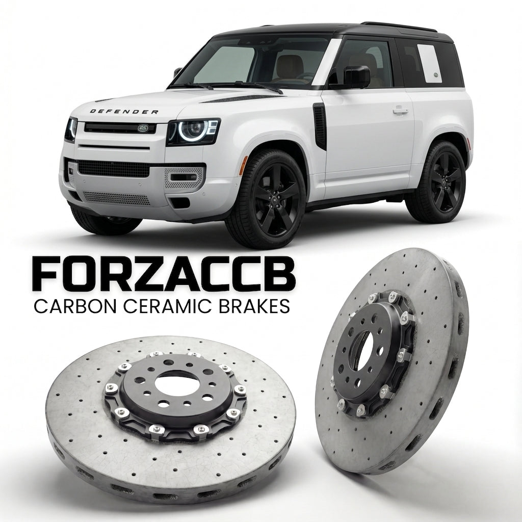 ForzaCCB direct OEM replacement carbon ceramic brake rotors for 2020+) Land Rover Defender 90 (L663 models, shown with a white Land Rover Defender car.