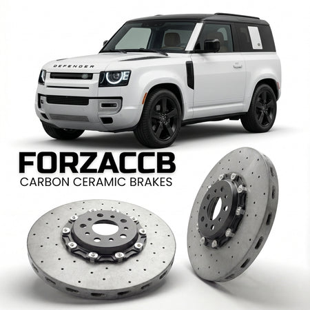 ForzaCCB direct OEM replacement carbon ceramic brake rotors for 2020+) Land Rover Defender 90 (L663 models, shown with a white Land Rover Defender car.