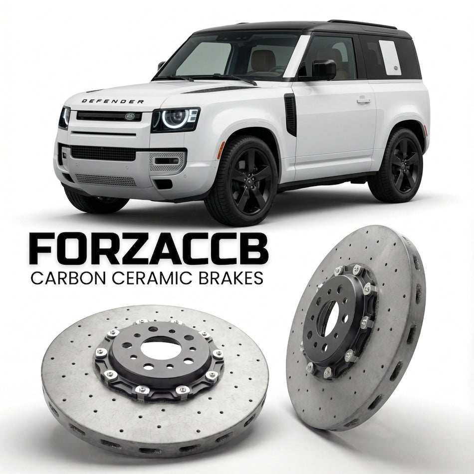 ForzaCCB direct OEM replacement carbon ceramic brake rotors for 2020+) Land Rover Defender 90 (L663 models, shown with a white Land Rover Defender car.