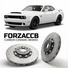 ForzaCCB direct OEM replacement carbon ceramic brake rotors for 2023 Dodge Demon 170 models, shown with a white Dodge Demon 170 car.