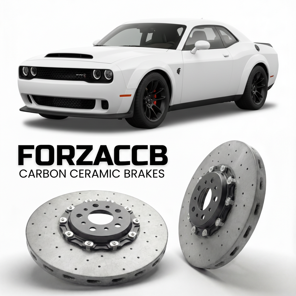 ForzaCCB direct OEM replacement carbon ceramic brake rotors for 2023 Dodge Demon 170 models, shown with a white Dodge Demon 170 car.