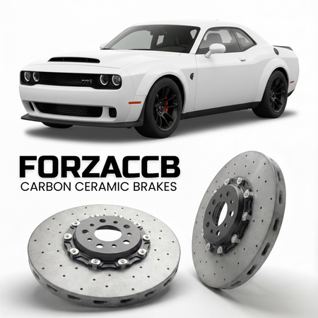 ForzaCCB direct OEM replacement carbon ceramic brake rotors for 2023 Dodge Demon 170 models, shown with a white Dodge Demon 170 car.