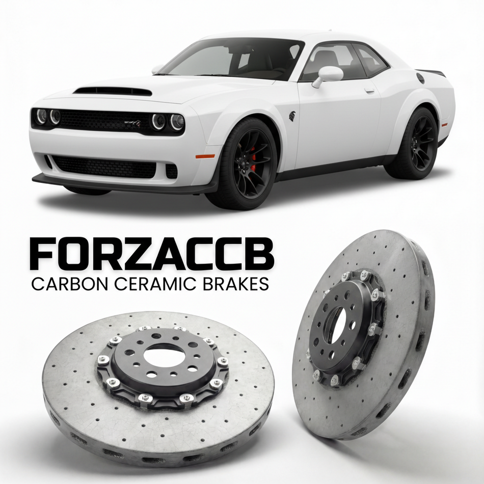 ForzaCCB direct OEM replacement carbon ceramic brake rotors for 2023 Dodge Demon 170 models, shown with a white Dodge Demon 170 car.