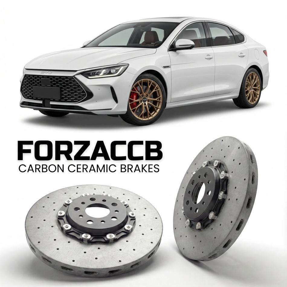 ForzaCCB direct OEM replacement carbon ceramic brake rotors for 2022 and newer BYD Destroyer 05 models, shown with a white BYD Destroyer 05 car.