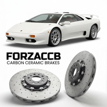 ForzaCCB direct OEM replacement carbon ceramic brake rotors for 1990 to 1998 Lamborghini Diablo models, shown with a white Lamborghini Diablo car.