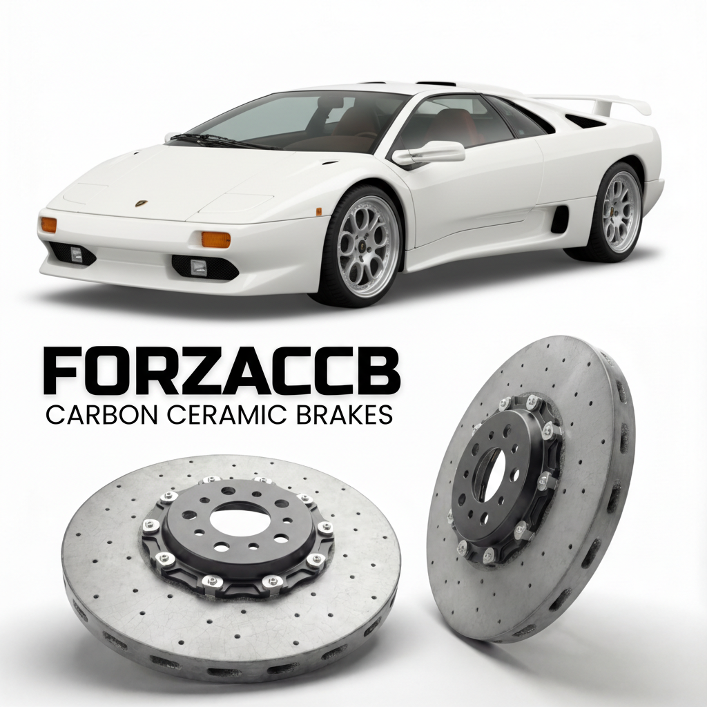 ForzaCCB direct OEM replacement carbon ceramic brake rotors for 1990 to 1998 Lamborghini Diablo models, shown with a white Lamborghini Diablo car.