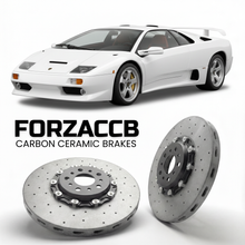 ForzaCCB direct OEM replacement carbon ceramic brake rotors for 1999 to 2000 Lamborghini Diablo GT models, shown with a white Lamborghini Diablo GT car.