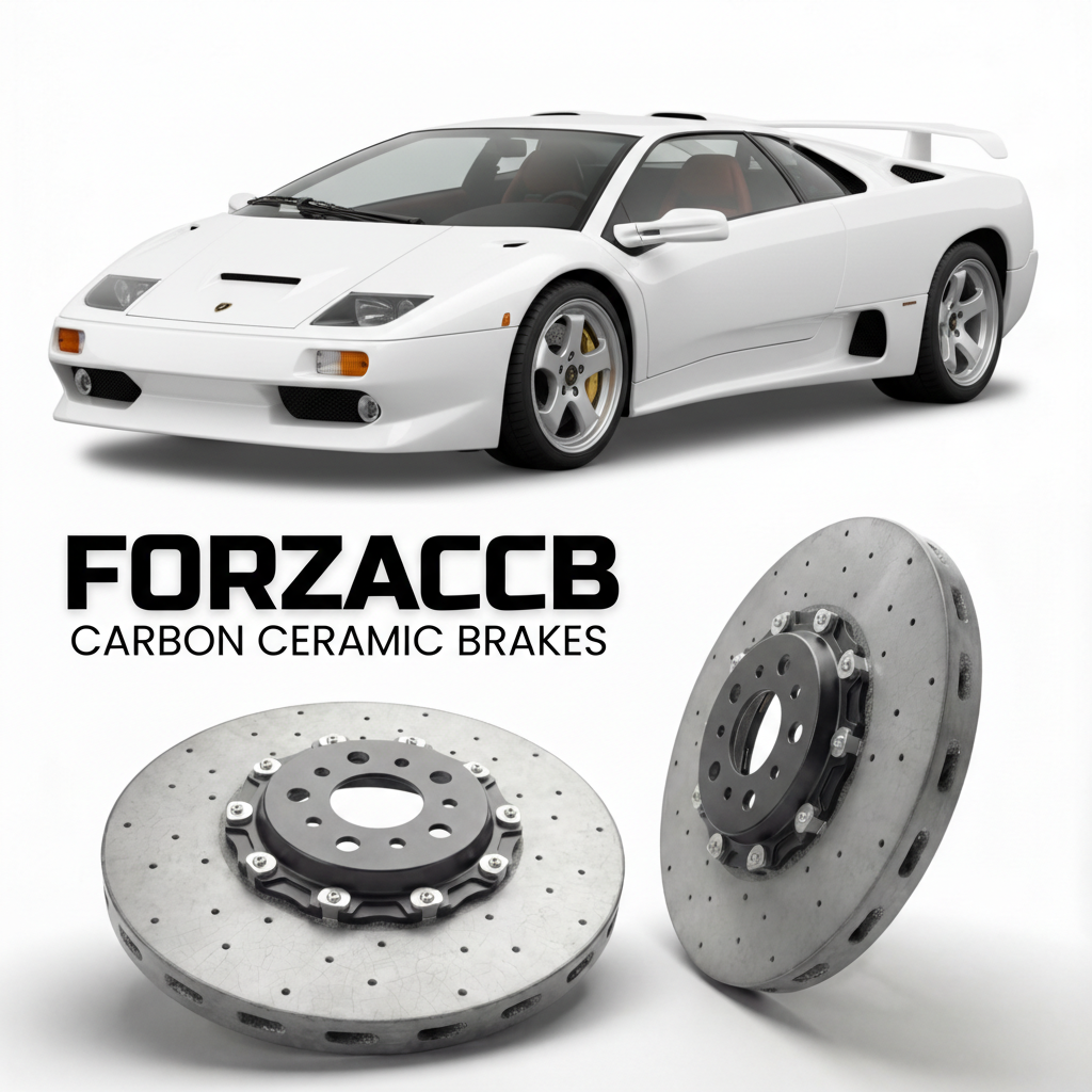ForzaCCB direct OEM replacement carbon ceramic brake rotors for 1999 to 2000 Lamborghini Diablo GT models, shown with a white Lamborghini Diablo GT car.