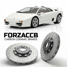 ForzaCCB direct OEM replacement carbon ceramic brake rotors for 1994 to 1995 Lamborghini Diablo SE30 models, shown with a white Lamborghini Diablo SE30 car.