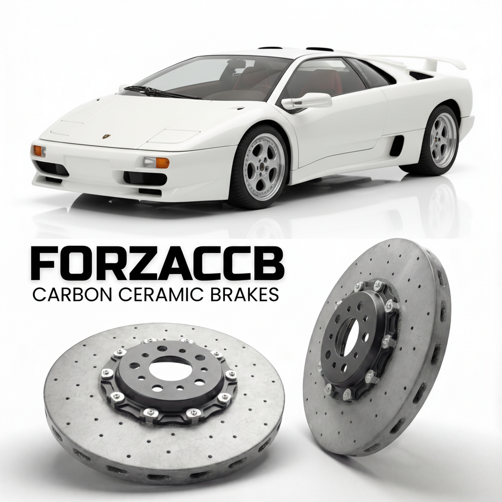 ForzaCCB direct OEM replacement carbon ceramic brake rotors for 1994 to 1995 Lamborghini Diablo SE30 models, shown with a white Lamborghini Diablo SE30 car.