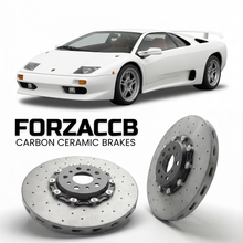 ForzaCCB direct OEM replacement carbon ceramic brake rotors for 1995 to 1999 Lamborghini Diablo SV models, shown with a white Lamborghini Diablo SV car.