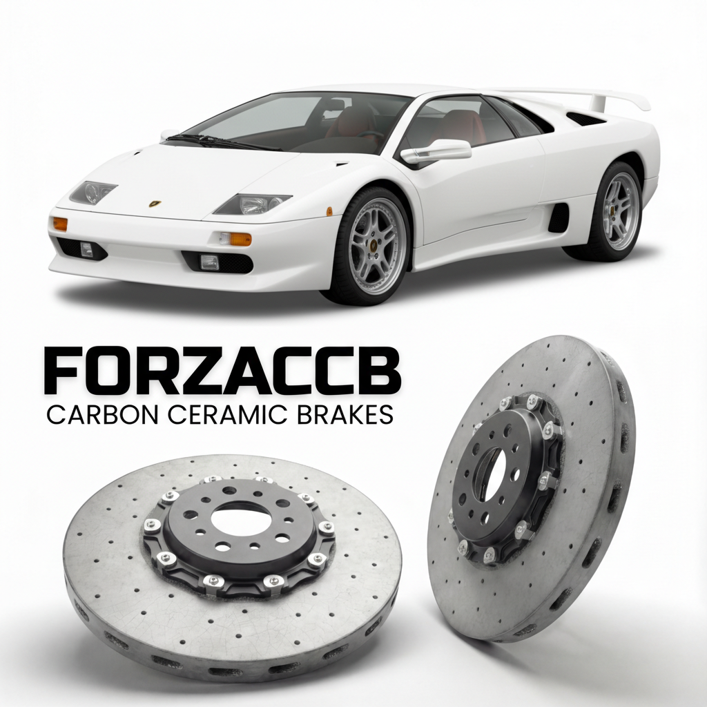 ForzaCCB direct OEM replacement carbon ceramic brake rotors for 1995 to 1999 Lamborghini Diablo SV models, shown with a white Lamborghini Diablo SV car.