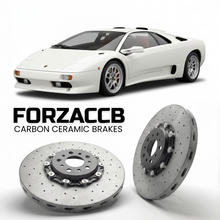 ForzaCCB direct OEM replacement carbon ceramic brake rotors for 1993 to 1998 Lamborghini Diablo VT models, shown with a white Lamborghini Diablo VT car.