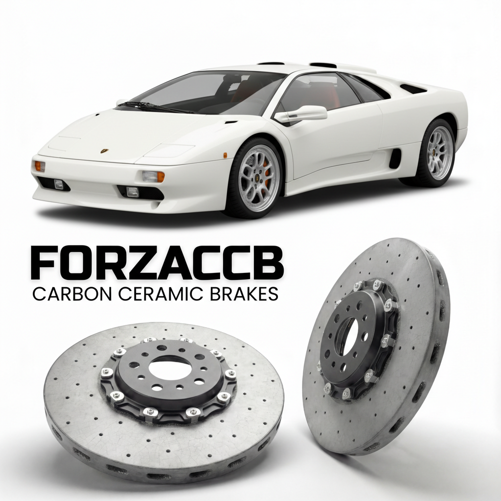 ForzaCCB direct OEM replacement carbon ceramic brake rotors for 1993 to 1998 Lamborghini Diablo VT models, shown with a white Lamborghini Diablo VT car.