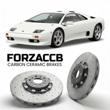 ForzaCCB direct OEM replacement carbon ceramic brake rotors for 2000 to 2001 Lamborghini Diablo VT 6.0 models, shown with a white Lamborghini Diablo VT 6.0 car.