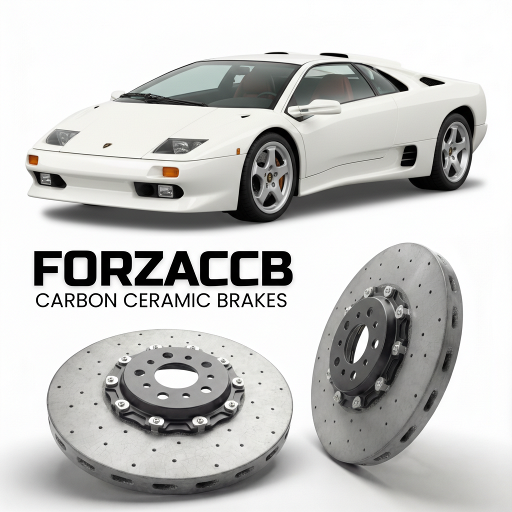 ForzaCCB direct OEM replacement carbon ceramic brake rotors for 2000 to 2001 Lamborghini Diablo VT 6.0 models, shown with a white Lamborghini Diablo VT 6.0 car.