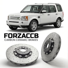 ForzaCCB direct OEM replacement carbon ceramic brake rotors for 2005 to 2009 Land Rover Discovery III models, shown with a white Land Rover Discovery car.