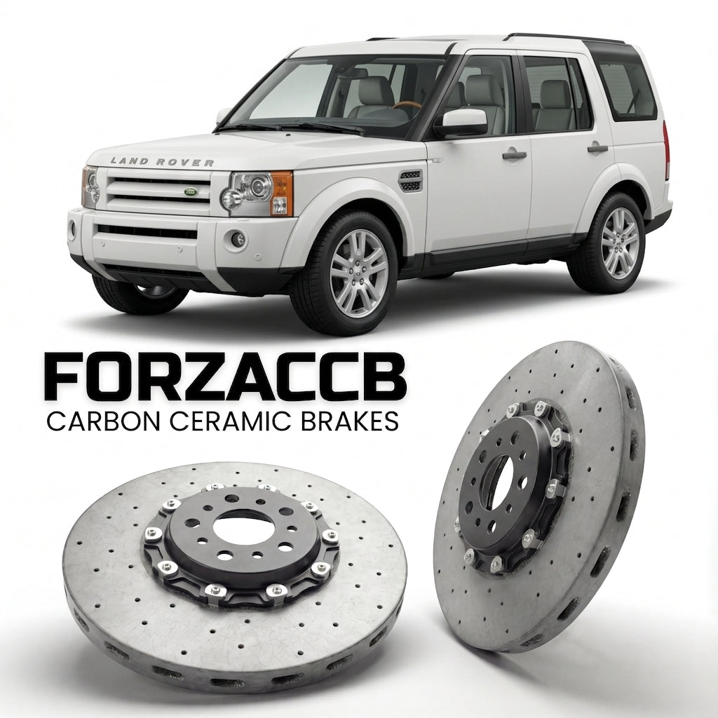 ForzaCCB direct OEM replacement carbon ceramic brake rotors for 2005 to 2009 Land Rover Discovery III models, shown with a white Land Rover Discovery car.