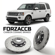 ForzaCCB direct OEM replacement carbon ceramic brake rotors for 2009 to 2013 Land Rover Discovery IV models, shown with a white Land Rover Discovery car.