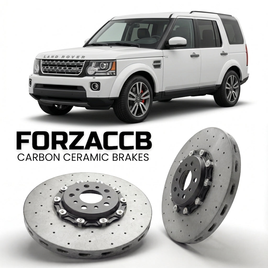 ForzaCCB direct OEM replacement carbon ceramic brake rotors for 2009 to 2013 Land Rover Discovery IV models, shown with a white Land Rover Discovery car.