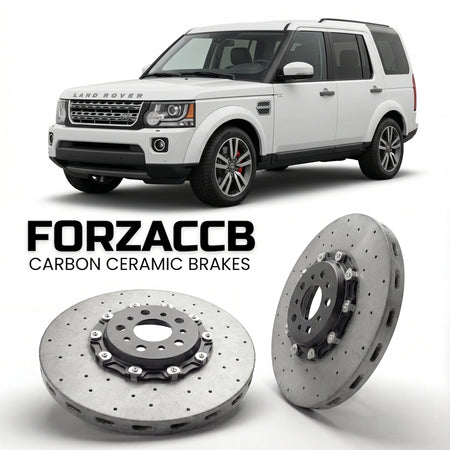 ForzaCCB direct OEM replacement carbon ceramic brake rotors for 2009 to 2013 Land Rover Discovery IV models, shown with a white Land Rover Discovery car.