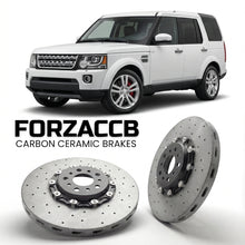 ForzaCCB direct OEM replacement carbon ceramic brake rotors for 2013-2017) Land Rover Discovery IV (facelift 2013 models, shown with a white Land Rover Discovery car.