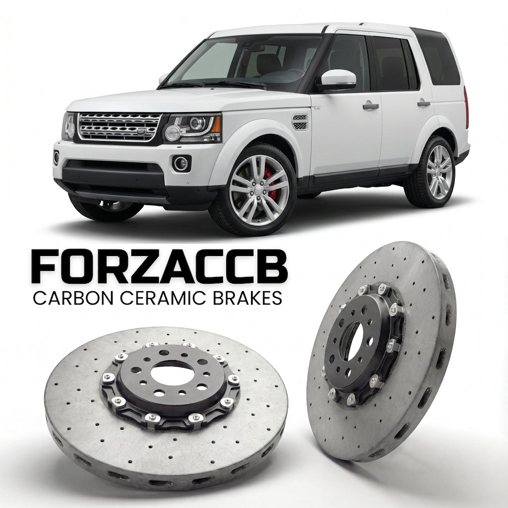 ForzaCCB direct OEM replacement carbon ceramic brake rotors for 2013-2017) Land Rover Discovery IV (facelift 2013 models, shown with a white Land Rover Discovery car.