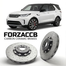 ForzaCCB direct OEM replacement carbon ceramic brake rotors for 2017 to 2020 Land Rover Discovery models, shown with a white Land Rover Discovery car.