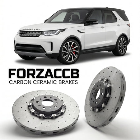 ForzaCCB direct OEM replacement carbon ceramic brake rotors for 2017 to 2020 Land Rover Discovery models, shown with a white Land Rover Discovery car.