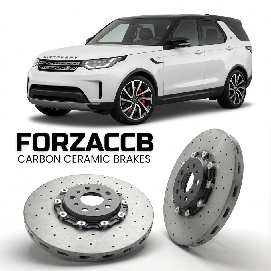 ForzaCCB direct OEM replacement carbon ceramic brake rotors for 2017 to 2020 Land Rover Discovery models, shown with a white Land Rover Discovery car.