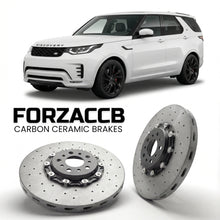 ForzaCCB direct OEM replacement carbon ceramic brake rotors for 2020+) Land Rover Discovery V (facelift 2020 models, shown with a white Land Rover Discovery car.