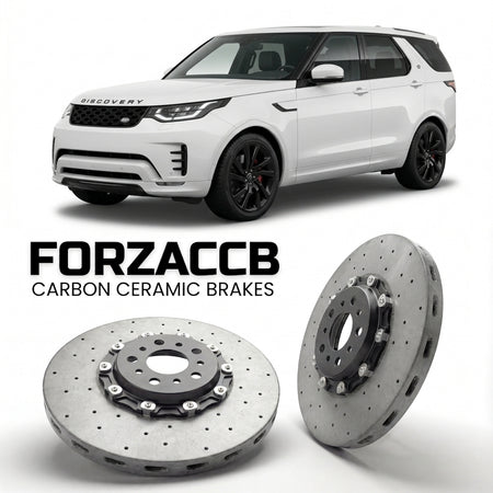 ForzaCCB direct OEM replacement carbon ceramic brake rotors for 2020+) Land Rover Discovery V (facelift 2020 models, shown with a white Land Rover Discovery car.