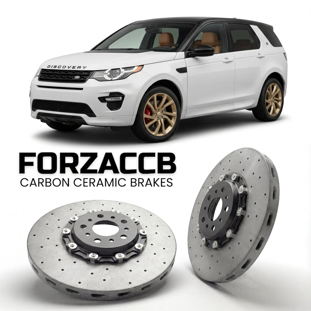 ForzaCCB direct OEM replacement carbon ceramic brake rotors for 2014 to 2019 Land Rover Discovery Sport models, shown with a white Land Rover Discovery Sport car.