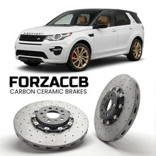 ForzaCCB direct OEM replacement carbon ceramic brake rotors for 2014 to 2019 Land Rover Discovery Sport models, shown with a white Land Rover Discovery Sport car.