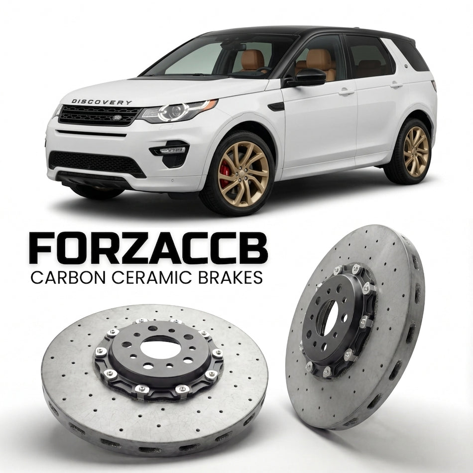 ForzaCCB direct OEM replacement carbon ceramic brake rotors for 2014 to 2019 Land Rover Discovery Sport models, shown with a white Land Rover Discovery Sport car.