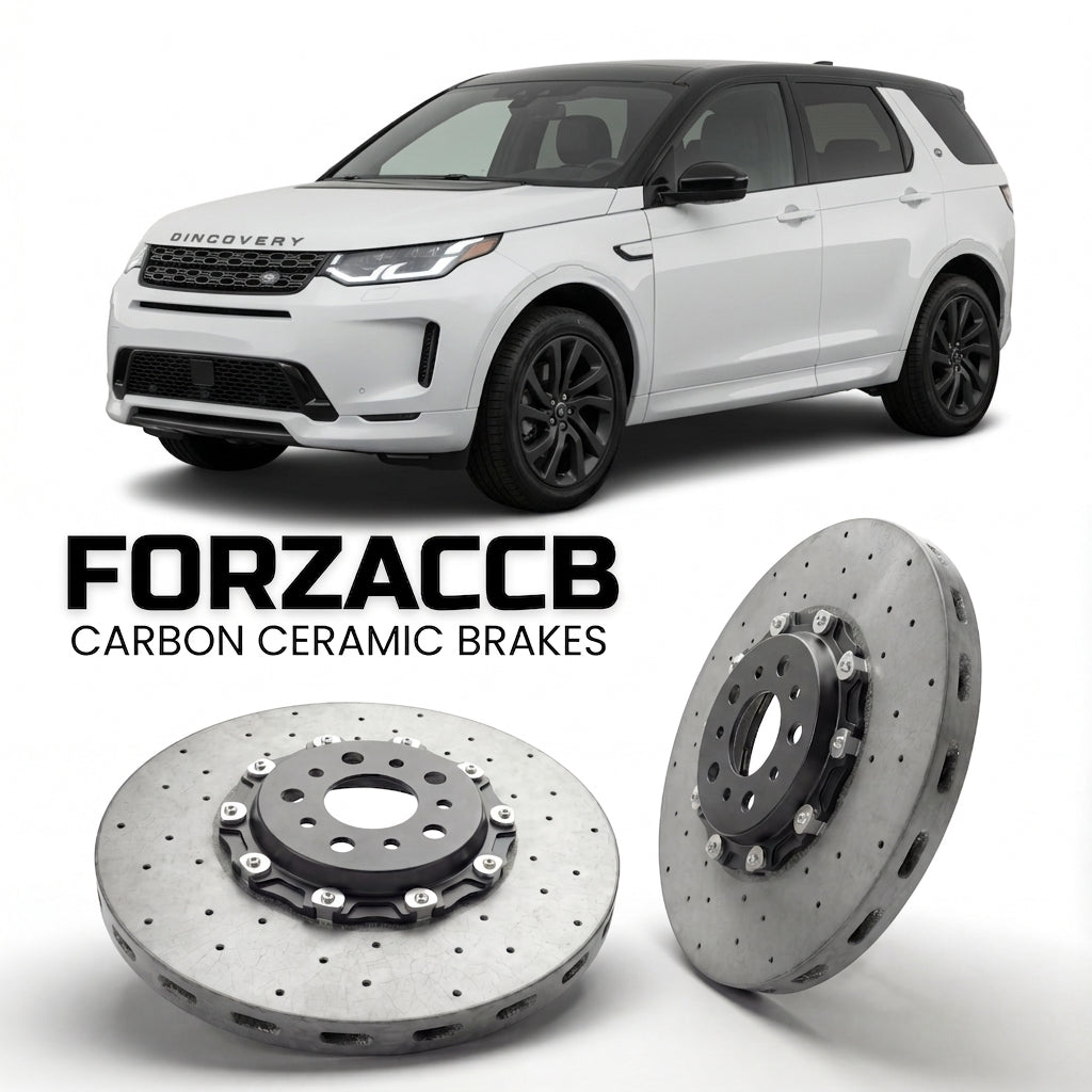 ForzaCCB direct OEM replacement carbon ceramic brake rotors for 2019 and newer Land Rover Discovery Sport facelift 2019 models, shown with a white Land Rover Discovery Sport car.