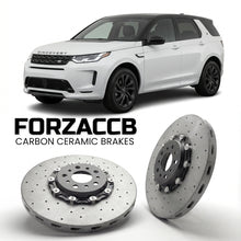 ForzaCCB direct OEM replacement carbon ceramic brake rotors for 2019 and newer Land Rover Discovery Sport facelift 2019 models, shown with a white Land Rover Discovery Sport car.