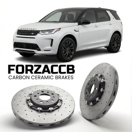 ForzaCCB direct OEM replacement carbon ceramic brake rotors for 2019 and newer Land Rover Discovery Sport facelift 2019 models, shown with a white Land Rover Discovery Sport car.