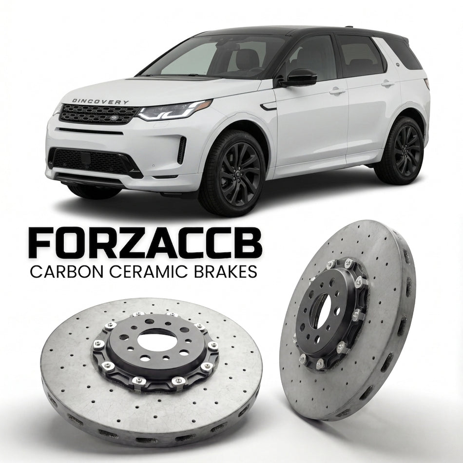 ForzaCCB direct OEM replacement carbon ceramic brake rotors for 2019 and newer Land Rover Discovery Sport facelift 2019 models, shown with a white Land Rover Discovery Sport car.