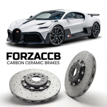 ForzaCCB direct OEM replacement carbon ceramic brake rotors for 2018 and newer Bugatti Divo models, shown with a white Bugatti Divo car.